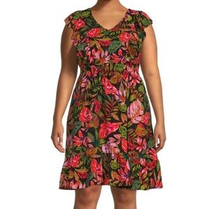 Terra & Sky flutter sleeve leaf print dress plus size Women's 1X 16w-18w